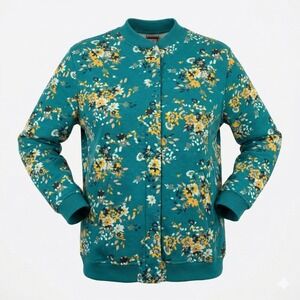 Vintage Tudor Court Floral Fleece Jacket Teal Snap Button Grandma Core Cottage M
